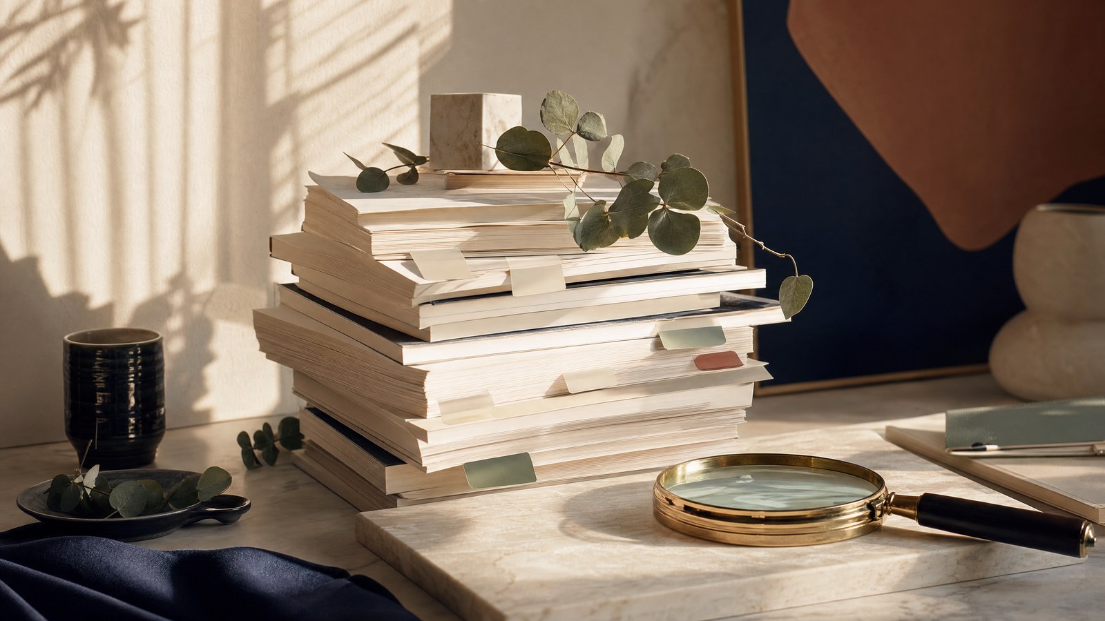 Editorial still life of evidence papers and a magnifying glass