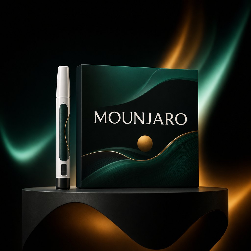 An editorial Mounjaro injector product render under an emerald aurora